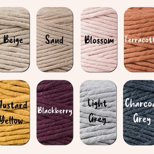 May include: A collection of 12 cotton cord colors, including natural, beige, sand, blossom, terracotta, lavender, sage green, mustard yellow, blackberry, light grey, charcoal grey, and classic red.