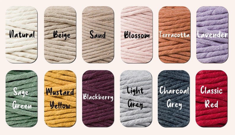May include: A collection of 12 cotton cord colors, including natural, beige, sand, blossom, terracotta, lavender, sage green, mustard yellow, blackberry, light grey, charcoal grey, and classic red.