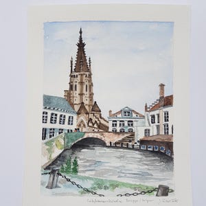 Watercolor, Church of Our Lady Bruges, Brugge, Belgium, original handmade