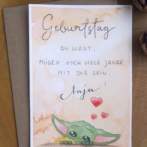 personalisierbare Geburtstagskarte Grußkarte Yoda Baby Grogu, Mandalorian, handgemaltes original Aquarell
