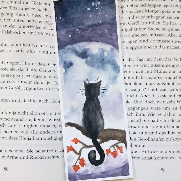 Katze mit Vollmond, handgemaltes Lesezeichen Original Aquarell