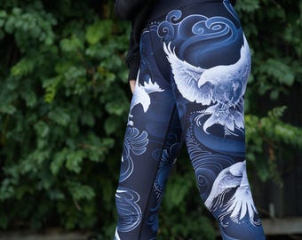 Raven BLUE Yoga Leggings - Raven Workout Tights - Raven Yoga Workout Pants - Raven Wing Leggings - Workout Leggings Women - Fantasy Leggings