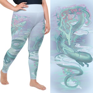 Blue and Pink Dragon Patterned Tights - Yoga Leggings Plus Size -Fantasy Dragon Leggings - Dragon workout leggings - blue dragon yoga pants