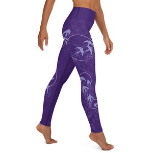 Swallows Purple Yoga Leggings - Workout Tights - Patterned Yoga Pants - Nature Leggings women - Colorful Yoga Tights