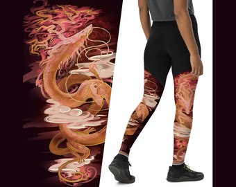 Leggings de sport Dragon Blossoms Red Dawn - Collants d'entraînement Dragon - Leggings d'entraînement de sport - Collants fantaisie pour femme - Pantalon dragon fantaisie