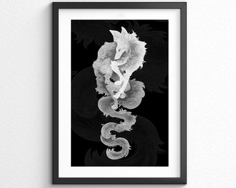 White Fox on Black Art Print UNFRAMED- Giclee Print Wall Art - Black and White Fox Wall Art Print