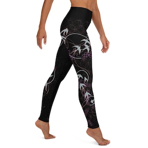 Swallow Bird Black and Pink Yoga Leggings - Workout Tights - Patterned Yoga Pants - Nature Leggings women - Colorful Yoga Tights
