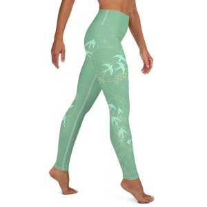 Swallows Light Green Yoga Leggings - Workout Tights - Patterned Yoga Pants - Nature Leggings women - Colorful Yoga Tights