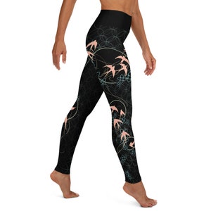 Swallows Peach and Black Yoga Leggings - Workout Tights - Patterned Yoga Pants - Nature Leggings women - Colorful Yoga Tights