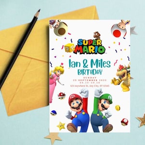 Convite de aniversário GÊMEO de Super Mario de Digitas de <br> Entrega Rápida? Super Mario convida | Convite eletrônico | Convite digital | cartão convida | Aniversário de menino