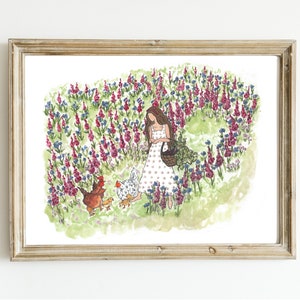 Huisdier kippen boerderij decor, volkskunst kip schilderij, grillige kip kunst print, meisje en kip muur kunst print cadeau voor kippenliefhebbers