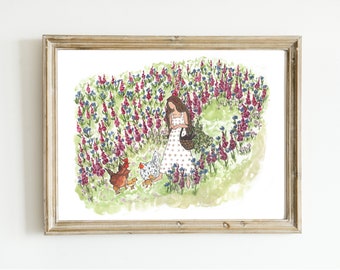 Huhn Mädchen Malerei, Cottagecore Huhn Gartenmalerei, Aquarell Huhn Küche Wandkunst, Mutter von Hühnern Geschenk für Huhn-Liebhaber