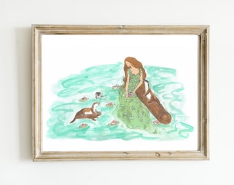 Watercolor Otter Creek Painting Wall Art, Cute Floating Otter Bathroom Art, Watercolor Otter Decor Bathroom Animal Art, Otter Kitchen Art