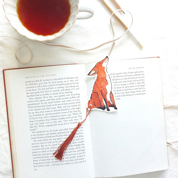 Fox Bookmark with Tassel, Handmade Fairytale Bookmark for Fox Lover, Watercolor Woodland Art Bookmarks, Whimsical Bookmark Fox Lover Gift