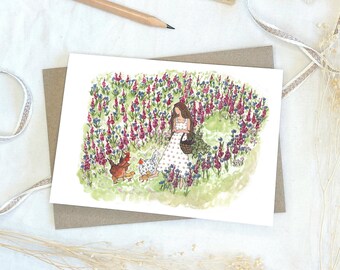 Aquarell Hühner Garten Karte, Märchenbuch, Geburtstag, Muttertag (A6)