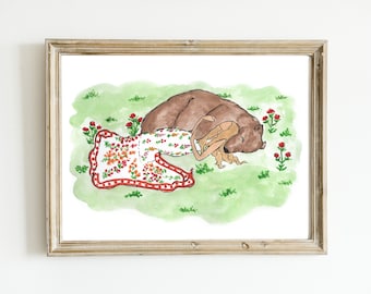 Dipinto raffigurante una ragazza della foresta da favola e un orso nel bosco, stampa illustrativa di un orso in stile cottagecore, dipinto di un giardino con orsi vivaci, arte raffigurante una ragazza e un orso