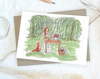 Aquarell Teeparty Grußkarte, Märchen Fuchs Geburtstagskarte für Teeliebhaber, Tee Grußkarte, Niedliche Handgefertigte Geburtstagskarte für Sie