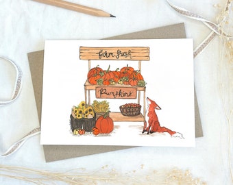 Fuchs und Kürbis Herbst Grußkarte, Herbst Geburtstag Handgefertigte Herbst Fuchs Karte mit Umschlag, Herbst Geschenk Tierkarte für Oktober Geburtstag