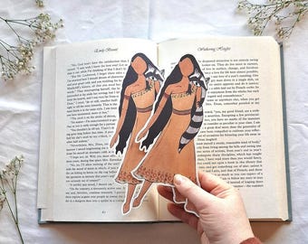 Pocahontas Lesezeichen, Aquarell Pocahontas Damen Lesezeichen, niedliches Waschbär Lesezeichen Geschenk für Mädchen, illustriertes Lesezeichen für Waschbär-Liebhaber