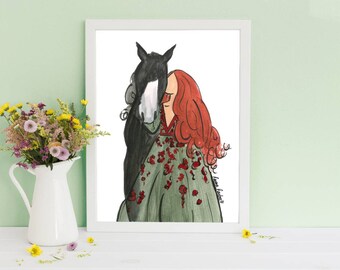 Merida and Angus Disney Brave Illustration, Girls Bedroom Nursery Original Disney Watercolour Art, Girl and Horse Adult Princess Artwork