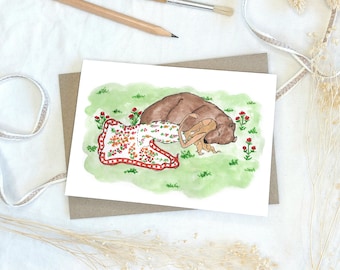 Bären-Grußkarte, wunderliche Malerei-Grußkarte, Bären-Illustrations-Märchen-Karte mit Umschlag, Mädchen und Bären-Bär-Grußkarte