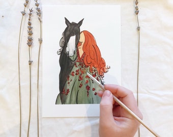 Pferd Gemälde für Mädchen Pferdeliebhaber, Mädchen Pferd Druck, Fine Art Pferd liebendes Mädchen und Pferd Geschenk, Aquarell schwarzes Pferd Kunst A5, A4 Print
