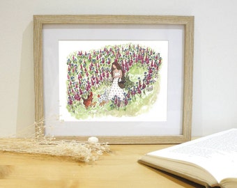 Huhn Mädchen Gemälde Druck, Bauernhaus Küche Huhn Garten Gemälde für Farmcore Dekor, Mädchen und Huhn Aquarell Kunst Cottagecore Geschenk