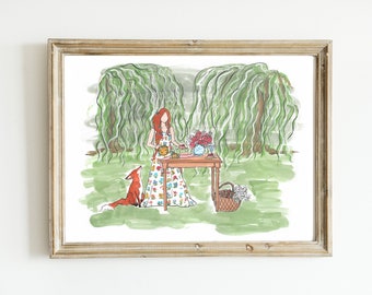 Aquarell Tee-Party Malerei Kunstdruck, Märchenwald-Tee-Party Illustration, Tee und Märchen Wand Kunst, Geschenk für Teeliebhaber