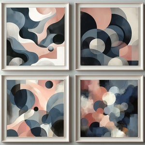 Arte de pared azul marino, rosa rubor y gris, 4 x impresiones de descarga digital INSTANTÁNEA, arte de pared imprimible, impresión de decoración universitaria funky, formas abstractas