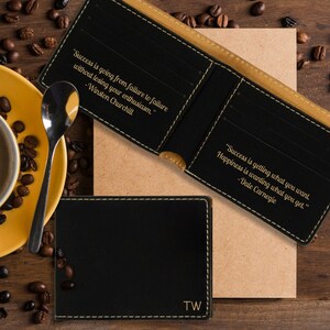 Name and Message Black and Gold Leatherette Bi-Fold Wallet Gift for Him