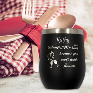 Happy ValenWINE's Day Engraved Black Double Walled Insulated Wine Tumbler Cup