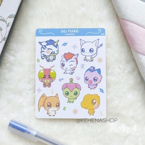 May include: A sheet of stickers featuring various cartoon characters from the Digimon franchise. The stickers are on a white background with blue and pink accents. The text "Digi Friends" is at the top of the sheet. The text "@kehenashop" is at the bottom of the sheet.
