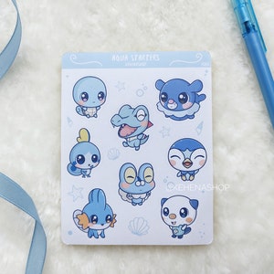 Aqua Starters - Sticker Sheet | Squirtle Totodile Mudkip Piplup Oshawott Froakie Popplio Sobble