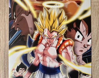 May include: A vibrant poster featuring multiple characters from the Dragon Ball Z anime series. The central figure is a muscular character with spiky yellow hair, surrounded by energy effects. Other characters are depicted in various action poses, set against a fiery background.