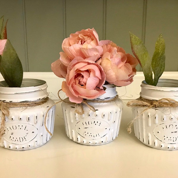 Chalk Paint Jars | Shabby Chic Vases | Rustic Painted Jars | All purpose containers | Linen White painted jars | Chalk paint Mason Jar