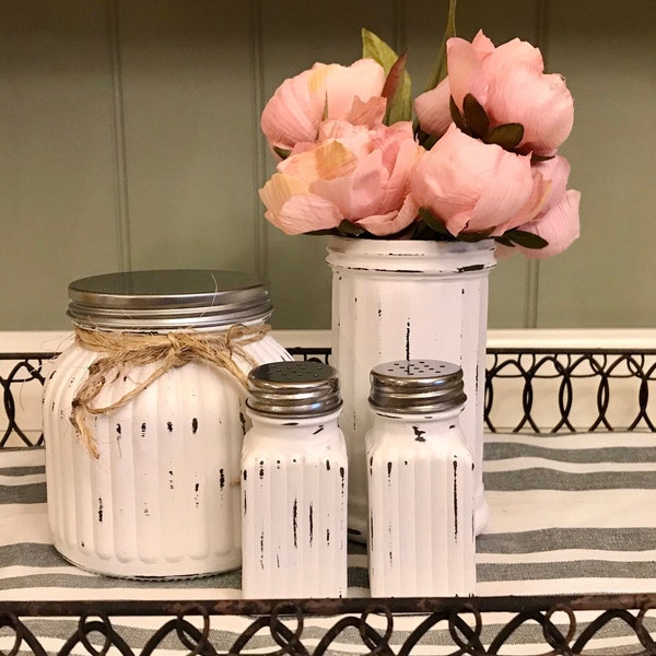 Chalk Paint Containers | Shabby Chic Canister Set | Rustic Painted Jars | Salt & Pepper Shakers | Linen White Kitchen Accessories | Jars