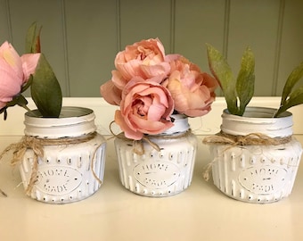 Chalk Paint Jars | Shabby Chic Vases | Rustic Painted Jars | All purpose containers | Linen White painted jars | Chalk paint Mason Jar