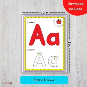 Puede incluir: Hoja de trabajo imprimible para aprender la letra A. La hoja de trabajo incluye una letra A roja grande, una letra a roja m&aacute;s peque&ntilde;a y l&iacute;neas punteadas para trazar las letras. La hoja de trabajo mide 8,5 pulgadas de ancho y 11 pulgadas de alto.