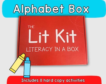 May include: A rectangular red box labeled The Lit Kit Literacy in a Box with white text. Above the box, the text Alphabet Box appears in a blue banner. Below the box, a yellow crayon and a blue crayon are shown with the text Includes 8 hard copy activities.
