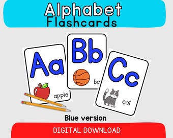 Tarjetas didácticas del alfabeto azul: letras mayúsculas y minúsculas (descarga digital)