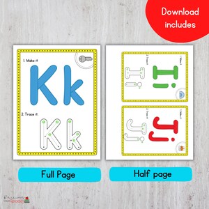 Puede incluir: Dos hojas de trabajo imprimibles para aprender las letras K y k. La primera hoja muestra una letra K azul grande y una letra k azul m&aacute;s peque&ntilde;a. La segunda hoja muestra un contorno punteado de las letras K y k para trazar.