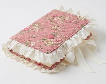 Antique Rose Pink Floral Quilted Bible Cover: Lace Trim with Satin Bow