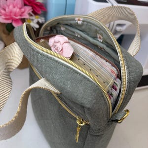 Puede incluir: Una bolsa de lona verde con una cremallera dorada y una cadena dorada. La bolsa est&aacute; abierta y llena de una pila de papeles y una flor rosa.