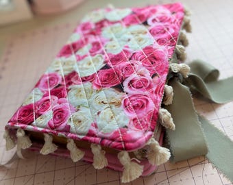 Handmade Quilted Bible Cover – Pink Rose Print, Polka Dot Lining, Tassels & Green Satin Bow
