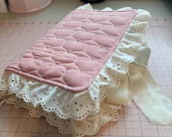 Pink Heart Quilted Bible Cover with Cream Lace & Satin Bow | Feminine Bible Case | Quilted Bible Bag | Gift for Christian Women | Girly
