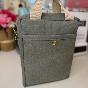 Puede incluir: Una bolsa de lona verde acolchada con cierre de cremallera y asa superior. La bolsa tiene un peque&ntilde;o bolsillo en la parte delantera y un bot&oacute;n dorado.