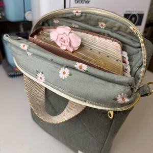 Puede incluir: Una bolsa de lona verde con cierre de cremallera y forro con estampado de margaritas. La bolsa est&aacute; abierta y contiene una pila de papel y una flor rosa.