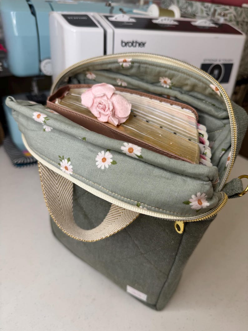 Puede incluir: Una bolsa de lona verde con cierre de cremallera y forro con estampado de margaritas. La bolsa est&aacute; abierta y contiene una pila de papel y una flor rosa.