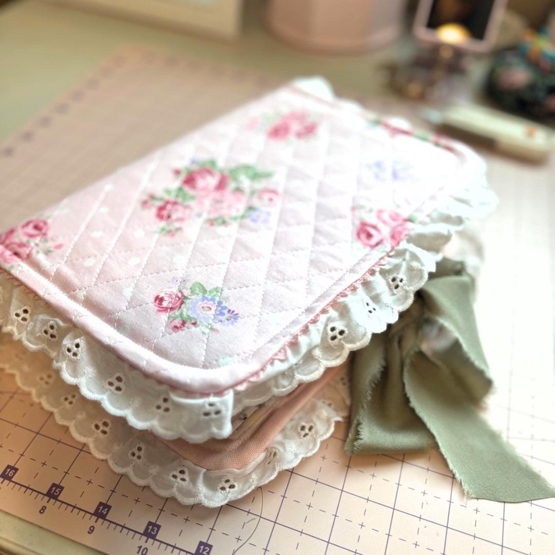 Pink Floral Quilted Bible Cover with Lace Trim and Satin Bow – Feminine Bible Cover, Gift for Her