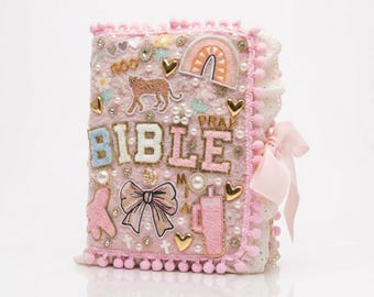 Custom Chenille Name Bible Cover: Blush Velvet, Pearls, Handmade